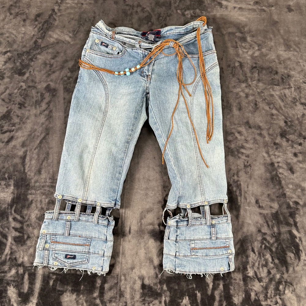 Platinum Plush Denim Jeans Womens 7 Blue Y2K Cutout‎ Cage Hem Beaded Belt 8051